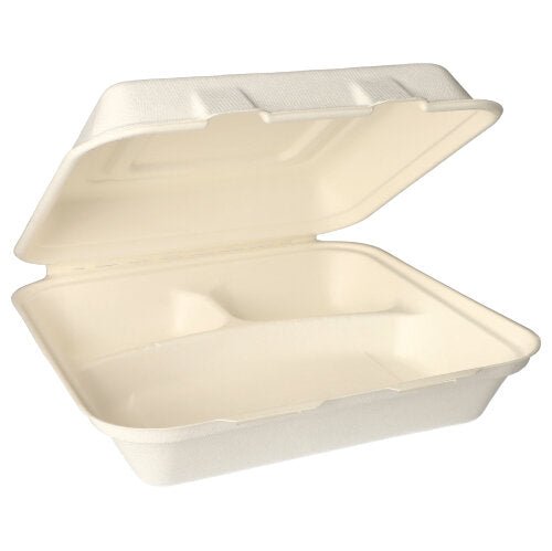 As caixas de menu PAPSTAR de cana-de-açúcar "puras" divididas em 3 partes, 24x24 cm, da PAPSTAR GmbH, são caixas dobráveis bege, retangulares, para levar, feitas de material biodegradável - ideal para embalagens descartáveis ecológicas (300 unidades).