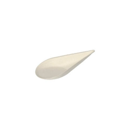 Um único prato de finger food PAPSTAR branco de cana-de-açúcar "pure" da PAPSTAR GmbH sobre um fundo branco simples.