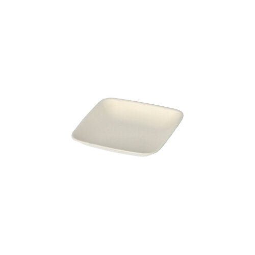 O prato "PAPSTAR 50 Fingerfood - Teller, cana-de-açúcar 'pure' branco" da PAPSTAR GmbH é um prato simples, creme, quadrado com borda ligeiramente elevada feito de cana-de-açúcar biodegradável, exibido sobre um fundo branco.
