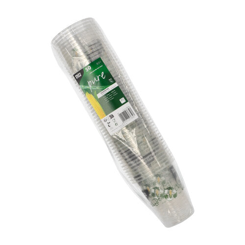 Um pacote de 50 copos PLA "Copo de Milho" da PAPSTAR GmbH, embrulhados em plástico com uma etiqueta verde e branca que indica que são biodegradáveis e feitos de milho.