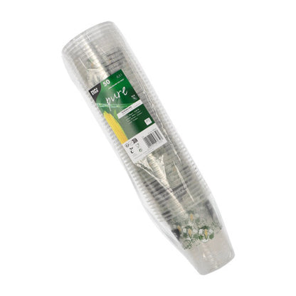Um pacote de 50 copos PLA "Copo de Milho" da PAPSTAR GmbH, embrulhados em plástico com uma etiqueta verde e branca que indica que são biodegradáveis e feitos de milho.