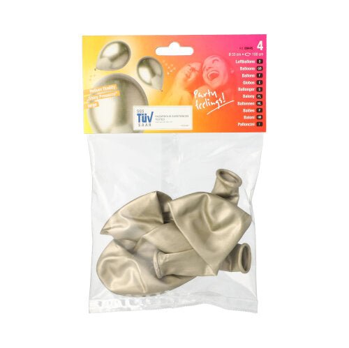 Os PAPSTAR 4 balões grandes da PAPSTAR GmbH são entregues em uma embalagem de plástico transparente com gráficos coloridos e contêm quatro balões não inflados em dourado metálico - ideal como decoração de festa e para reforçar uma atmosfera festiva.