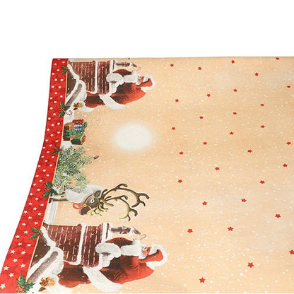 A toalha de mesa (papel, 3 m x 1,2 m) da PAPSTAR GmbH possui um design natalício com Papai Noel, renas, chaminés nas bordas e um fundo bege com estrelas vermelhas e queda de neve – perfeito para uma decoração festiva elegante.