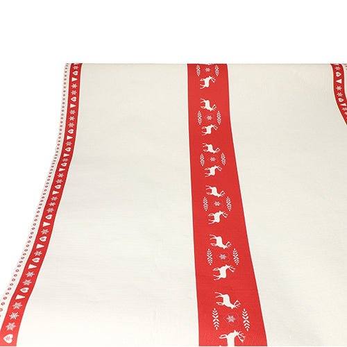 A toalha de mesa (papel, 3 m x 1,2 m) da PAPSTAR GmbH é uma toalha de mesa descartável branca com duas listras verticais vermelhas com renas brancas e motivos decorativos – ideal para ocasiões festivas.