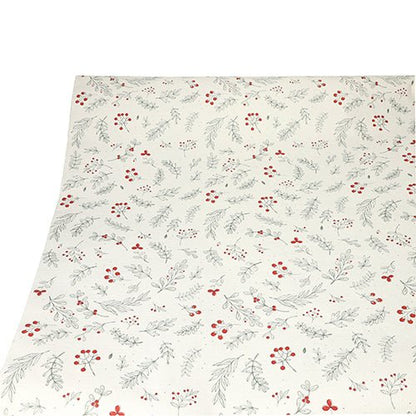 A toalha de mesa PAPSTAR (papel, 3 m x 1,2 m) da PAPSTAR GmbH destaca-se por um fundo creme com bagas vermelhas e folhas verdes – ideal para uma decoração de mesa estilosa. Disposta plana e fotografada de cima.