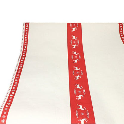 A toalha de mesa de papel da PAPSTAR GmbH (3 m x 1,2 m) possui um design branco com duas listras verticais vermelhas e silhuetas brancas de renas, corações e estrelas – perfeito para uma decoração de mesa simples, mas festiva.