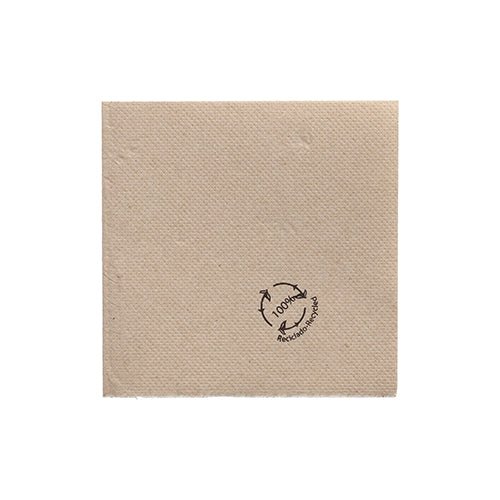 Os PAPSTAR guardanapos 1/4-dobra, 20x20 cm naturais de papel reciclado (100 unidades) da PAPSTAR GmbH é um guardanapo marrom, reciclado com um selo preto "100% Reciclado" e símbolo de reciclagem em fundo branco.