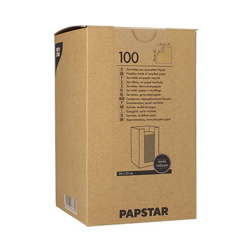 Uma caixa marrom com a inscrição "PAPSTAR GmbH" contém 100 PAPSTAR guardanapos 1/4-dobra de papel reciclado, 20x20 cm naturais, com texto multilíngue e uma imagem simples de pilha de guardanapos na caixa.