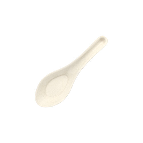 A colher de finger food de cana-de-açúcar "pura" de 14,5 cm, design asiático (50 unidades) da PAPSTAR GmbH é uma colher biodegradável, de cor creme, com uma tigela oval e cabo curvado - perfeita para servir finger food.