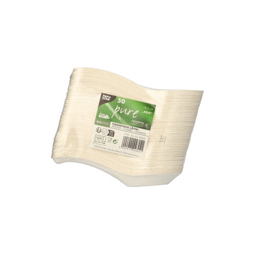 Um pacote com 50 colheres de finger food de cana-de-açúcar "pura" (14,5 cm, design asiático) da PAPSTAR GmbH, empilhadas e embaladas em película retrátil com um rótulo ecológico verde e branco, indicando que são biodegradáveis.