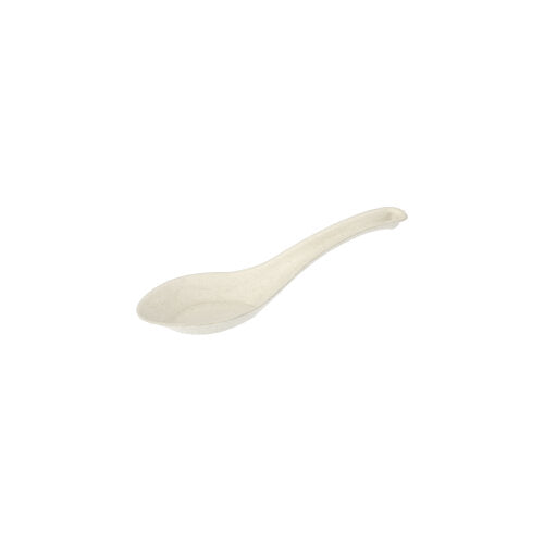 Uma colher de finger food de cana-de-açúcar "pura" (14,5 cm, design asiático) da PAPSTAR GmbH está centralizada em um fundo branco, inclinada com o cabo para cima e ligeiramente apontando para a direita. A colher biodegradável é mostrada individualmente.