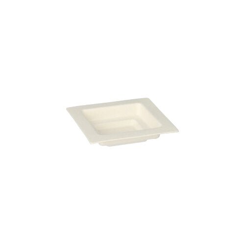 O prato de finger food PAPSTAR 50 da PAPSTAR GmbH é um prato pequeno, quadrado, branco de cana-de-açúcar ('pure' branco), ideal para servir aperitivos. Com borda plana e centro plano; exibido sobre um fundo branco simples.