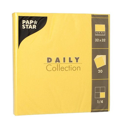PAPSTAR GmbH 20 guardanapos "DAILY Collection", 1/4-dobra, 32 x 32 cm, amarelo – ideal para a decoração de mesa. Dobra (1/4-dobra) e quantidade (20 peças) encontram-se no lado direito da embalagem.
