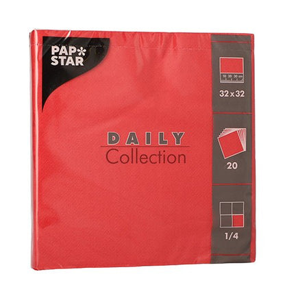 Um pacote com 20 guardanapos da PAPSTAR GmbH da "DAILY Collection", 1/4-dobra, 32x32 cm, vermelho. A embalagem contém símbolos e texto com todos os detalhes importantes.