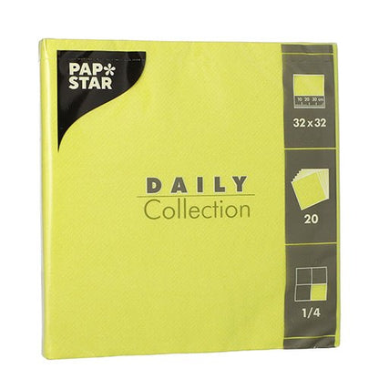 O pacote "DAILY Collection" da PAPSTAR GmbH contém 20 guardanapos amarelos com 1/4-dobra (32 x 32 cm); na embalagem estão símbolos com informações sobre tamanho, quantidade e tipo de dobra.