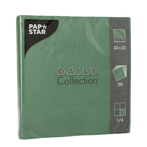 Um pacote verde com 20 guardanapos "DAILY Collection" da PAPSTAR GmbH, 32 x 32 cm, 1/4-dobra – perfeito para uma decoração de mesa elegante, com detalhes do produto na frente.