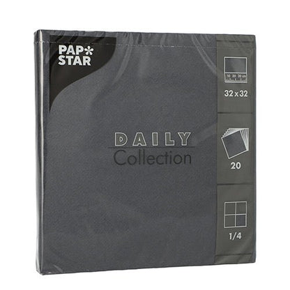 Um pacote de 20 guardanapos (1/4-dobra, 32x32 cm) da PAPSTAR GmbH da "DAILY Collection" na cor cinza escuro – ideal para uma decoração de mesa elegante e com a marca PAPSTAR.