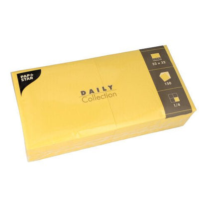 Um pacote amarelo selado da PAPSTAR GmbH contém 150 guardanapos "DAILY Collection", 32x32 cm, com prática 1/4-dobra, como mostrado na embalagem.