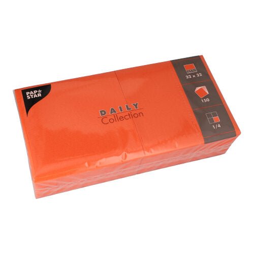 Um pacote com 150 guardanapos laranja da PAPSTAR GmbH, "DAILY Collection", 1/4-dobra, 32 x 32 cm, é entregue em uma embalagem de plástico com detalhes do produto na capa.