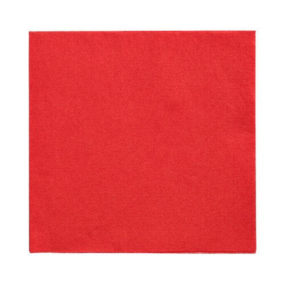 Um único guardanapo quadrado vermelho 1/4-dobra (32x32 cm) da PAPSTAR GmbH (150 guardanapos "DAILY Collection") sobre um fundo branco, visto de cima.