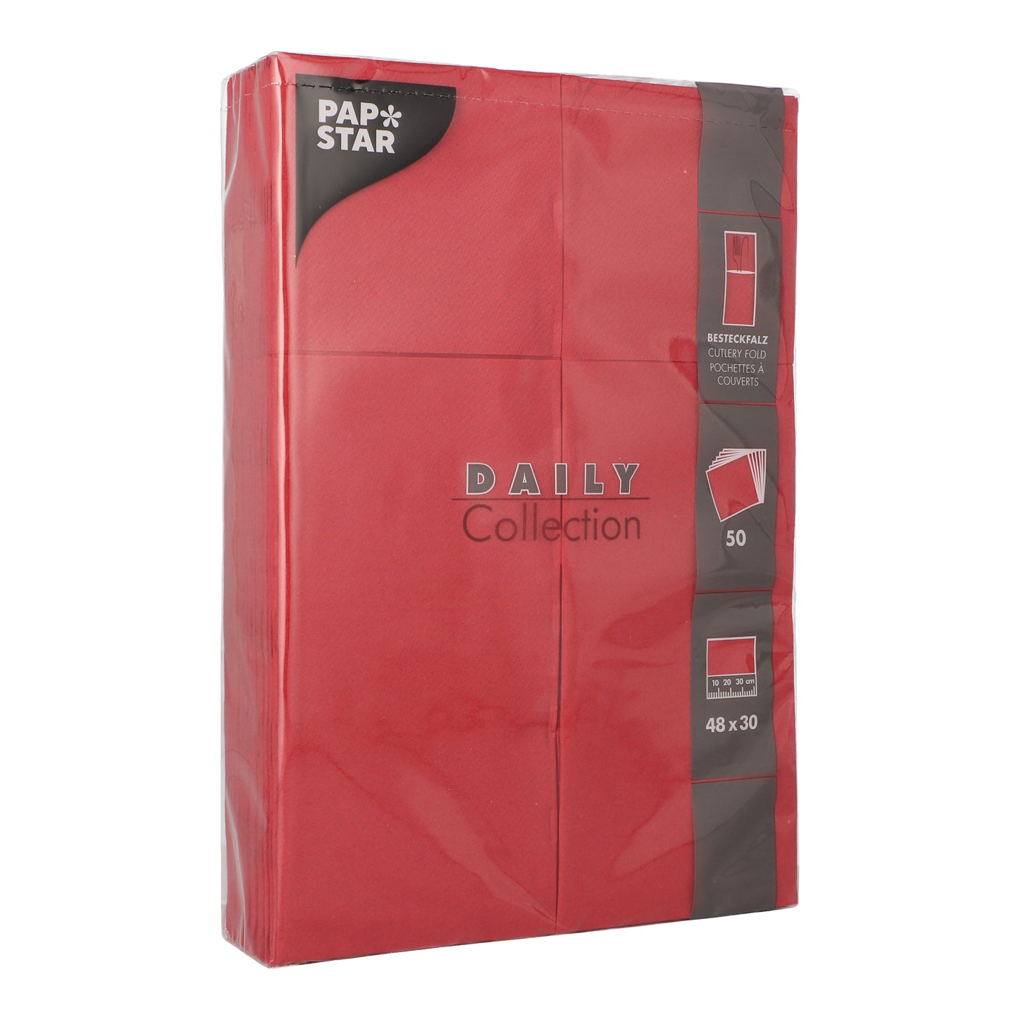 Um pacote PAPSTAR 50 guardanapos "DAILY Collection" 48 cm x 30 cm com dobra para talheres da PAPSTAR GmbH, envolto em plástico transparente, mostra detalhes e características do produto em letras brancas e cinzas na embalagem.