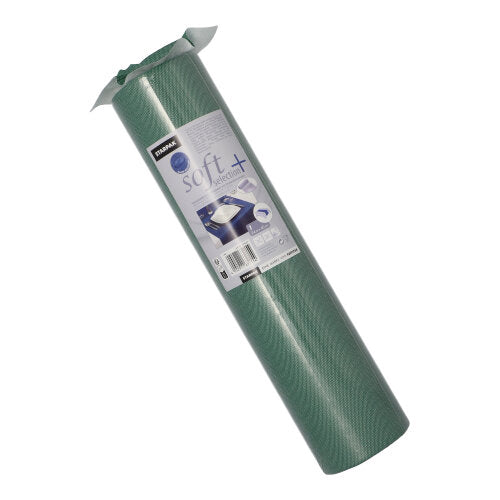 Um corredor de mesa Starpak enrolado (semelhante a tecido, velo "Soft Selection Plus", 24 m x 40 cm) com rótulo detalhado está em pé em um fundo branco. O corredor de mesa premium é ideal para ocasiões especiais.