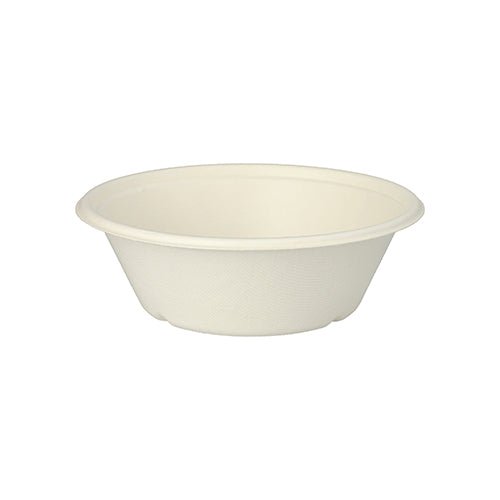 As 25 tigelas "pure" da PAPSTAR GmbH são tigelas descartáveis redondas e brancas (Ø 17 cm) feitas de cana-de-açúcar biodegradável, apresentadas em fundo branco.