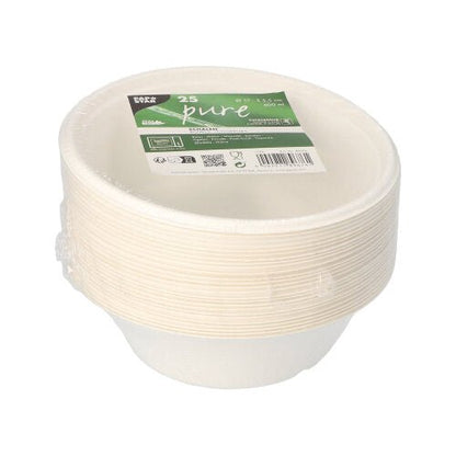 Uma pilha de 25 PAPSTAR tigelas de cana-de-açúcar "pure", Ø 17 cm, biodegradável, está embalada em plástico. O rótulo verde e branco da PAPSTAR GmbH no topo mostra informações do produto e símbolos.