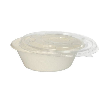 As PAPSTAR GmbH 25 tigelas, cana-de-açúcar "pure" Ø 17 cm são tigelas descartáveis biodegradáveis com tampa transparente correspondente – perfeitas para um uso sustentável, apresentadas em um fundo branco simples.
