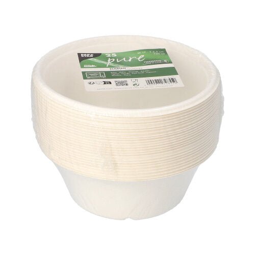 Uma pilha de PAPSTAR 25 tigelas de cana-de-açúcar "pure", Ø 17cm, com rótulo verde e branco; biodegradável, sustentável e ecológico – da PAPSTAR GmbH.