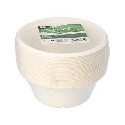 Uma pilha de PAPSTAR 25 tigelas de cana-de-açúcar "pure", Ø 17cm, com rótulo verde e branco; biodegradável, sustentável e ecológico – da PAPSTAR GmbH.