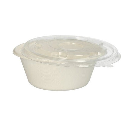 Uma tigela redonda e branca PAPSTAR 25 tigelas de cana-de-açúcar "pure" Ø 17 cm da PAPSTAR GmbH com tampa transparente correspondente está sobre um fundo branco. A tigela descartável sustentável e biodegradável parece vazia; a tampa está bem ajustada.