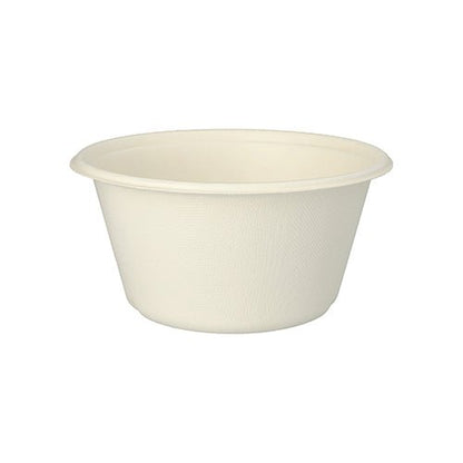 As PAPSTAR 25 tigelas "pure" de cana-de-açúcar, Ø 17 cm, biodegradável da PAPSTAR GmbH – uma tigela descartável branca com borda ligeiramente curvada para fora, apresentada em fundo branco.