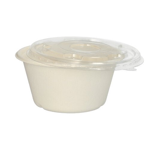 As PAPSTAR 25 tigelas de cana-de-açúcar "pure", Ø 17 cm da PAPSTAR GmbH, biodegradável, estão seguramente fechadas com uma tampa de plástico transparente e são apresentadas em fundo branco.