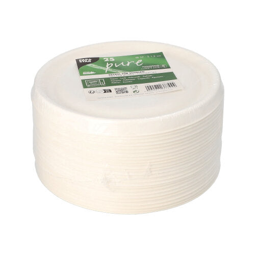 Uma pilha de 25 tampas "puras" PAPSTAR brancas para tigelas de cana-de-açúcar (Ø 17 cm), embaladas em filme transparente com branding - ideal para a gastronomia confortável e ecológica da PAPSTAR GmbH.