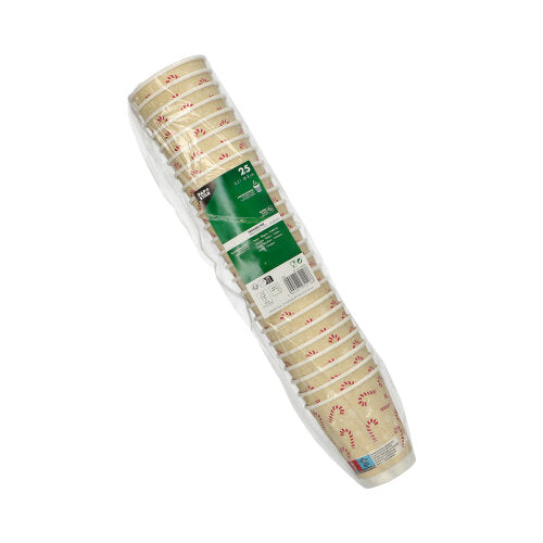 25 copos "Candy Canes" (0,2 l, Ø 8 cm), copos creme de parede dupla com motivo de bengalas doces vermelhas da PAPSTAR GmbH em embalagem de plástico; as informações do produto estão visíveis na etiqueta verde.