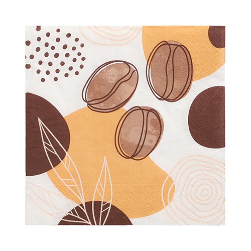 Os 20 guardanapos PAPSTAR GmbH, 33 cm x 33 cm, 3 camadas do Design Set 5 apresentam grãos de café, círculos abstratos marrons e amarelos, padrão de pontos e folhas com contorno branco sobre fundo branco.