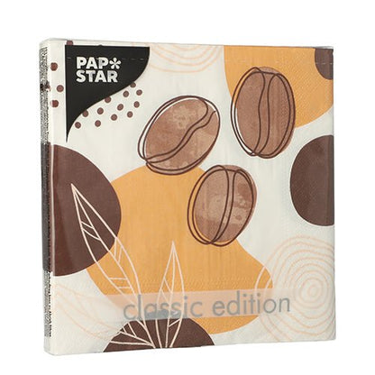 Um pacote de 20 guardanapos PAPSTAR, 33x33 cm, 3 camadas, 1/4 de dobra Design Set 5 da PAPSTAR GmbH apresenta um grão de café marrom e formas abstratas laranja/marrom sobre fundo branco.