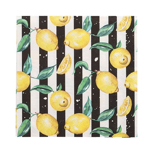 Os 20 guardanapos PAPSTAR, 33 cm x 33 cm, 3 camadas da PAPSTAR GmbH apresentam um design de listras verticais em preto e branco com limões amarelos, fatias e folhas verdes espalhadas pela superfície.