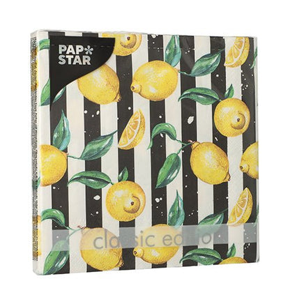 Um pacote de 20 guardanapos PAPSTAR (33x33 cm, 3 camadas, 1/4 de dobra) da PAPSTAR GmbH destaca-se pelo seu design de listras em preto e branco com limões e folhas verdes para durabilidade estilosa.
