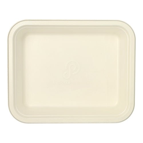 Recipiente Gastronorm PAPSTAR GN 1/2, visível de cima, feito de cana-de-açúcar branca com borda elevada e cantos arredondados, logotipo central e revestimento de PLA. A bandeja ecológica está vazia.