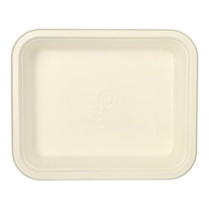 Recipiente Gastronorm PAPSTAR GN 1/2, visível de cima, feito de cana-de-açúcar branca com borda elevada e cantos arredondados, logotipo central e revestimento de PLA. A bandeja ecológica está vazia.