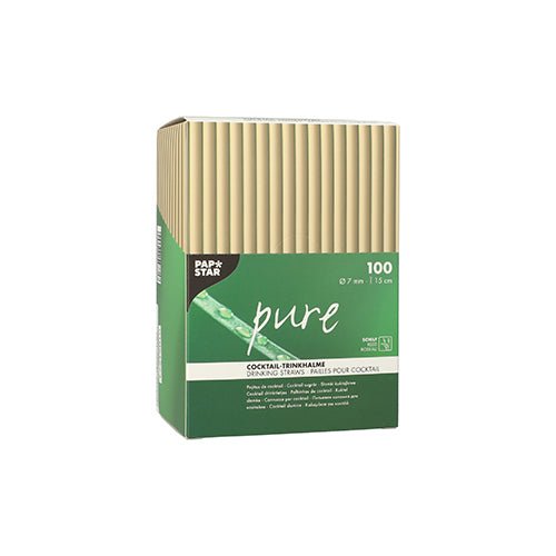 Uma caixa verde-bege da PAPSTAR GmbH com a inscrição "pure" contém 100 palhinhas de cocktail de junco (15 cm, Ø 7 mm), com algumas palhinhas parcialmente visíveis na parte superior.