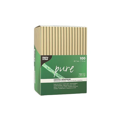 Uma caixa verde-bege da PAPSTAR GmbH com a inscrição "pure" contém 100 palhinhas de cocktail de junco (15 cm, Ø 7 mm), com algumas palhinhas parcialmente visíveis na parte superior.