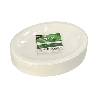Uma pilha de pratos descartáveis brancos e ovais PAPSTAR 50 pratos, cana-de-açúcar "pure" da PAPSTAR GmbH, embalados em filme com etiqueta verde e branca.