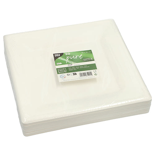 Uma pilha de PAPSTAR 50 Pratos de Cana-de-açúcar "pure", sustentável e compostável, da PAPSTAR GmbH, embalados em plástico. A etiqueta verde e branca no topo mostra informações do produto e o número 50.