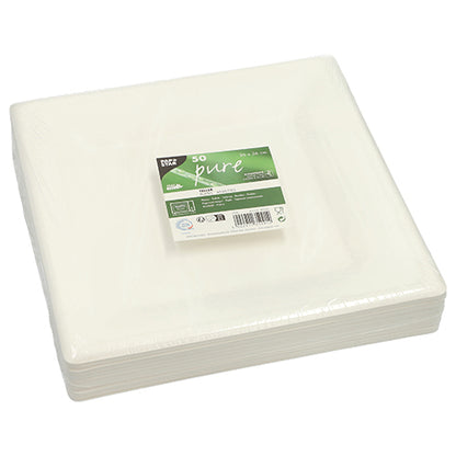 Uma pilha de PAPSTAR 50 Pratos de Cana-de-açúcar "pure", sustentável e compostável, da PAPSTAR GmbH, embalados em plástico. A etiqueta verde e branca no topo mostra informações do produto e o número 50.