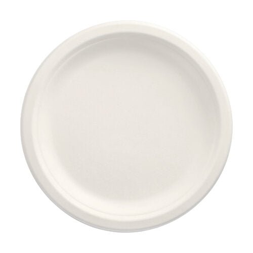Um PAPSTAR conjunto de 12 pratos, cana-de-açúcar "pure" não divididos da PAPSTAR GmbH é visto de cima em fundo branco. O prato redondo e simples com borda elevada é ecológico e compostável – ideal para qualquer ocasião.