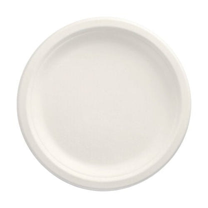 Um PAPSTAR conjunto de 12 pratos, cana-de-açúcar "pure" não divididos da PAPSTAR GmbH é visto de cima em fundo branco. O prato redondo e simples com borda elevada é ecológico e compostável – ideal para qualquer ocasião.