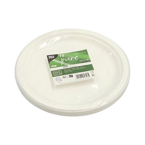 Uma pilha PAPSTAR de 12 pratos de cana-de-açúcar "pure" não divididos, compostáveis e ecológicos, da PAPSTAR GmbH, em embalagem plástica com rótulo verde e branco.